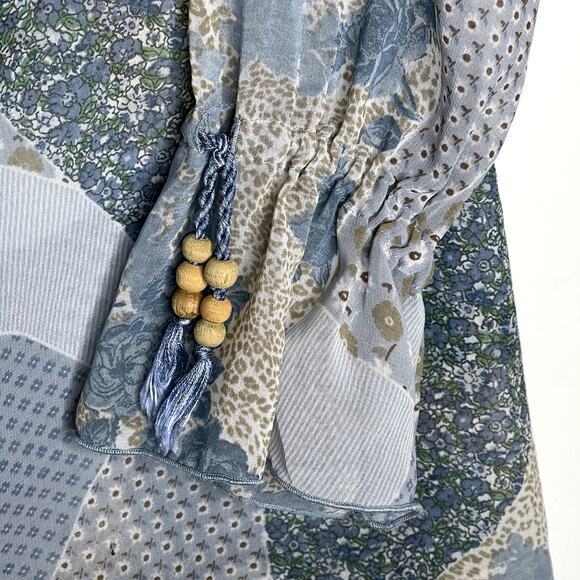 Mudd Womens Floral Beaded Tie Peasant Sheer Blouse Size M Blue Vintage Y2K Boho - Picture 5 of 5